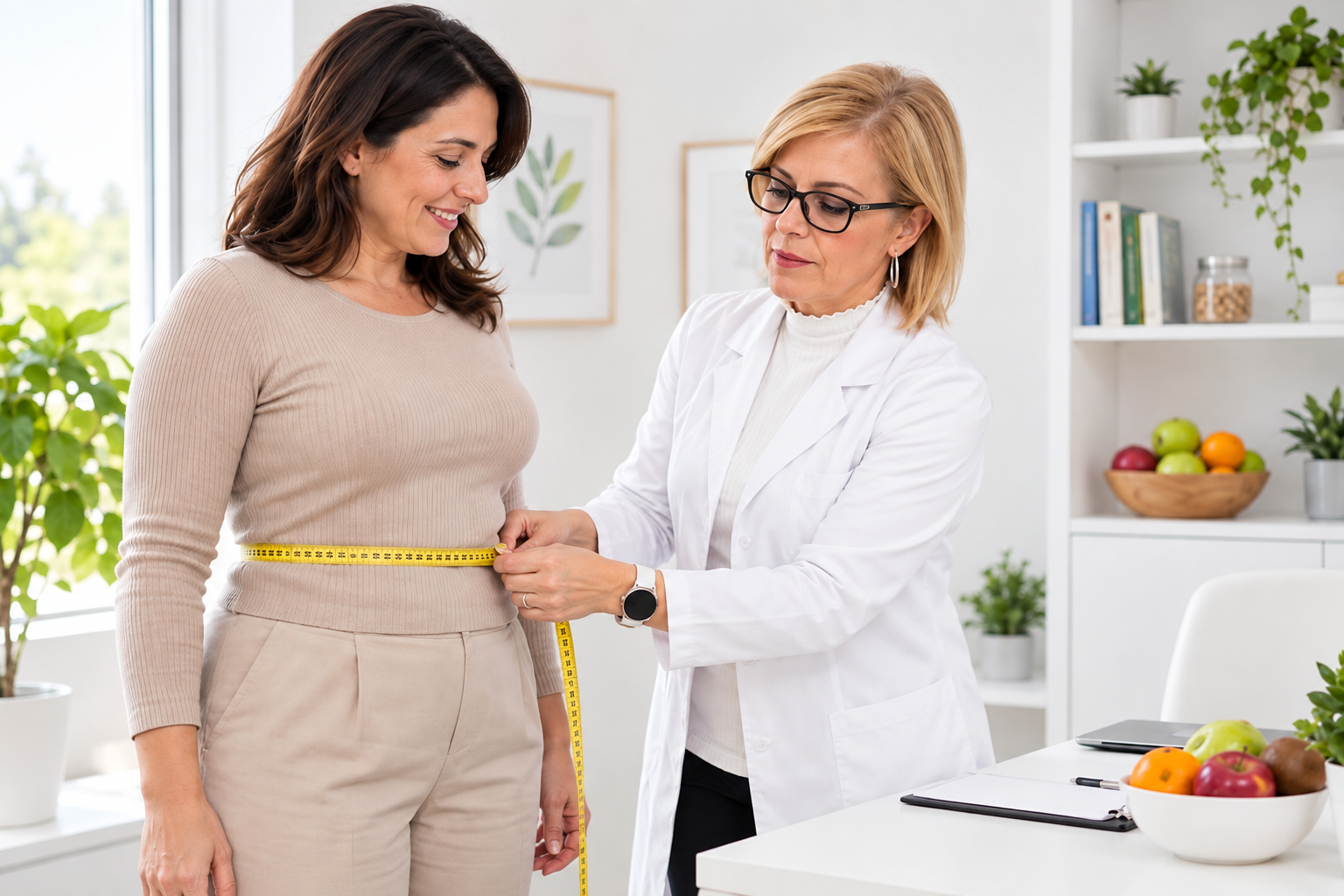 Consulta nutricional para control de peso con medición de cintura.